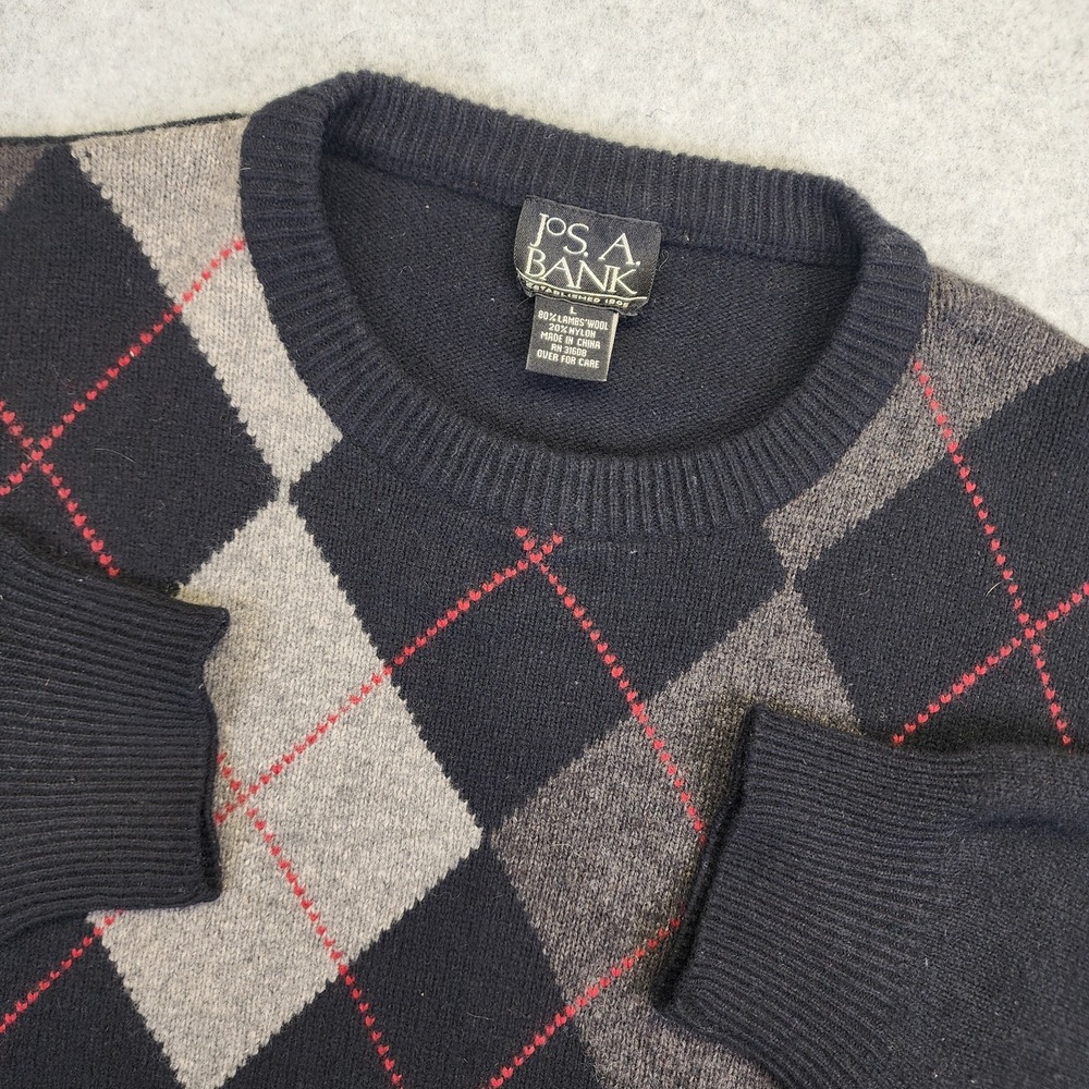 Jos A Bank Argyle Lambswool Blend Crewneck‎ Sweater Mens L Black Pullover